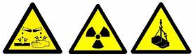 Examples of yellow triangular warning signs including a Radioactivity warning sign. 