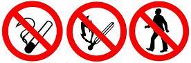 Examples of red border prohibition disc signage, including a no smoking sign.