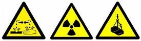 Examples of yellow triangular warning signs including a Radioactivity warning sign.