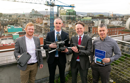 Pictured left to right, is Niall Quinn, Inspector and Drone Pilot at the Health and Safety Authority, Mark Cullen, Chief Executive Officer of the Health and Safety Authority, Cathal MacCriostail, Airspace and Navigation Manager at AirNav Ireland and Denis Doyle, Airspace and Navigation Officer at AirNav Ireland.