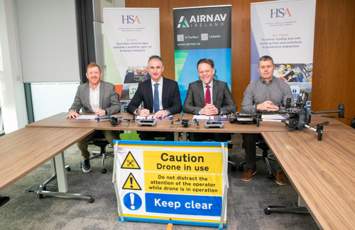 Pictured left to right, is Niall Quinn, Inspector and Drone Pilot at the Health and Safety Authority, Mark Cullen, Chief Executive Officer of the Health and Safety Authority, Cathal MacCriostail, Airspace and Navigation Manager at AirNav Ireland and Denis Doyle, Airspace and Navigation Officer at AirNav Ireland.